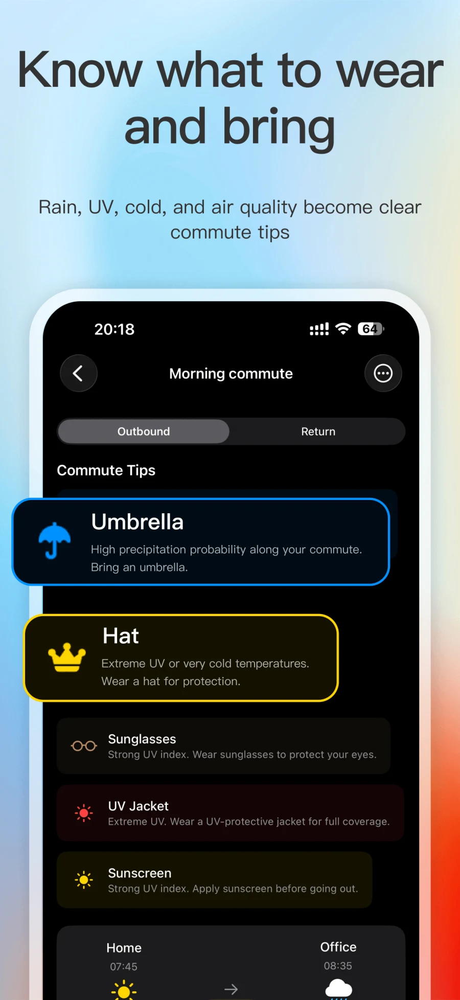 App Store screenshot showing weather alerts, commute advice, and forecast comparison