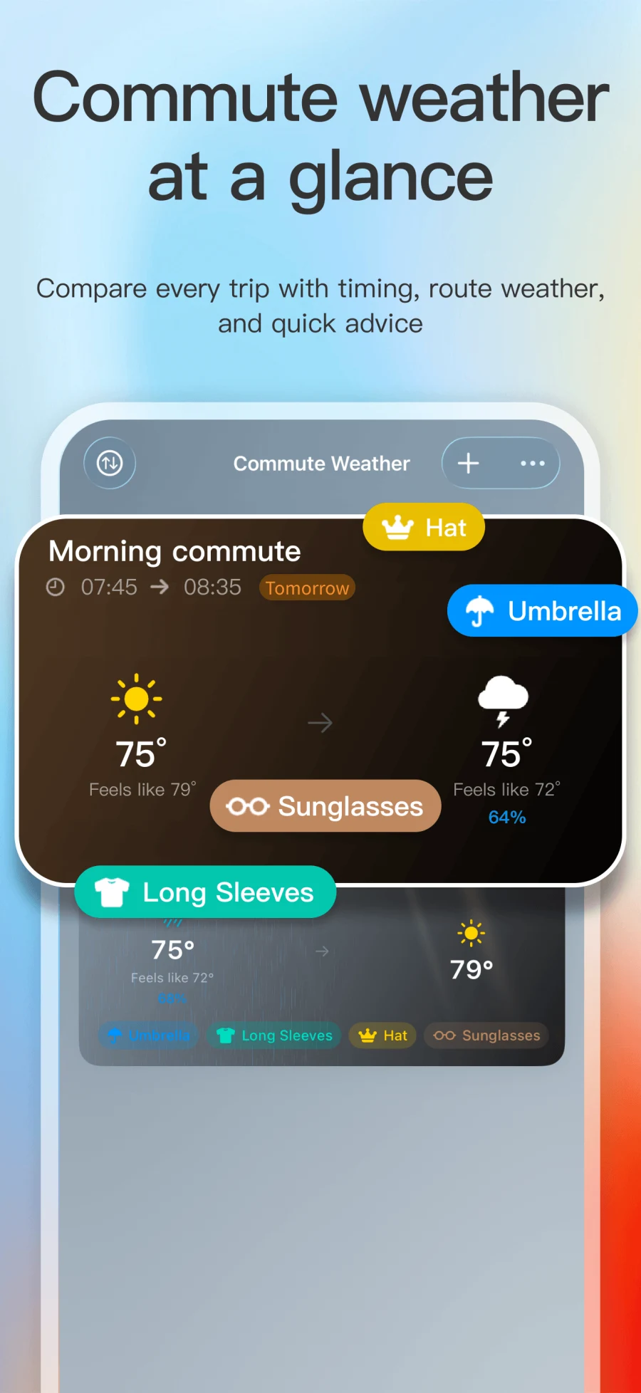 App Store screenshot showing Commute Weather home screen with multiple commute route forecasts