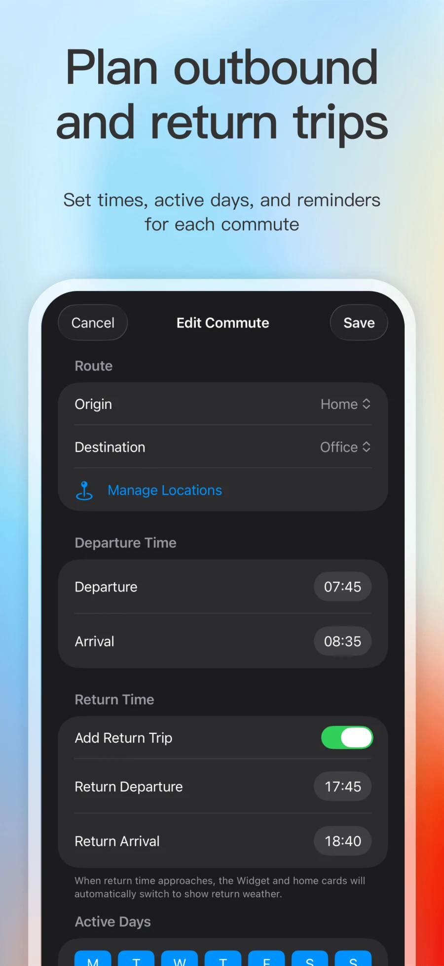 App Store screenshot showing Commute Weather commute editing, return-trip times, and active date settings