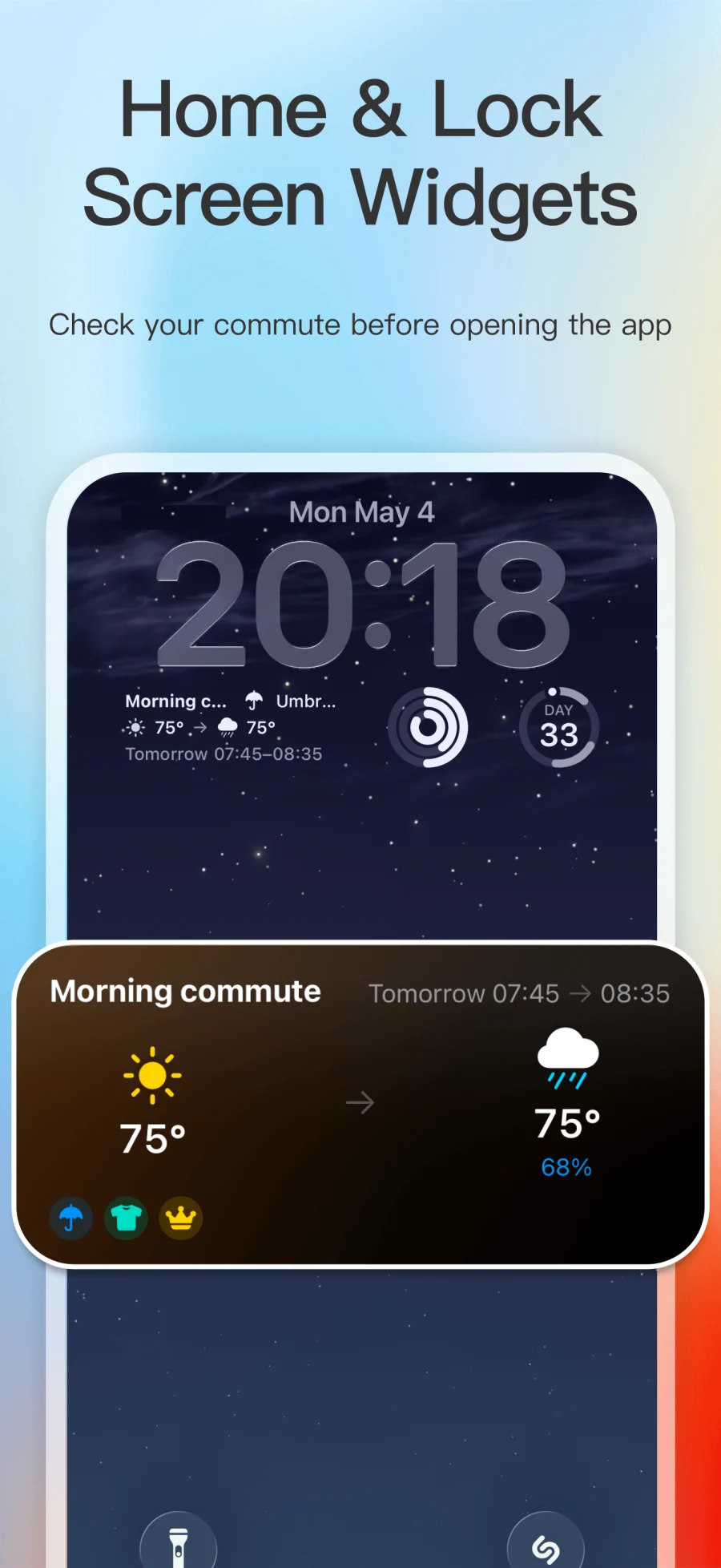 App Store screenshot showing Commute Weather Home Screen and Lock Screen widgets