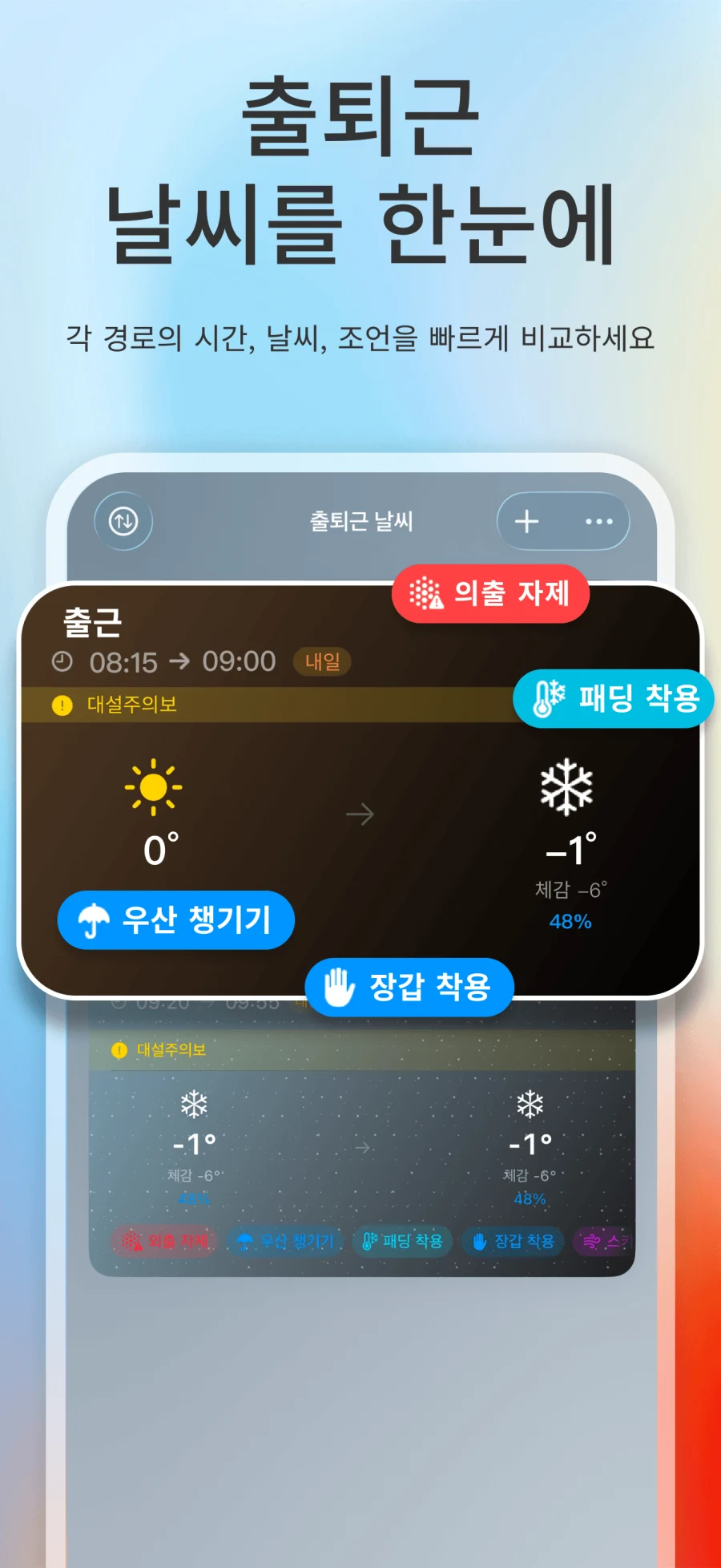 App Store 스크린샷. 출퇴근 날씨 홈 화면과 여러 통근 경로 예보 표시