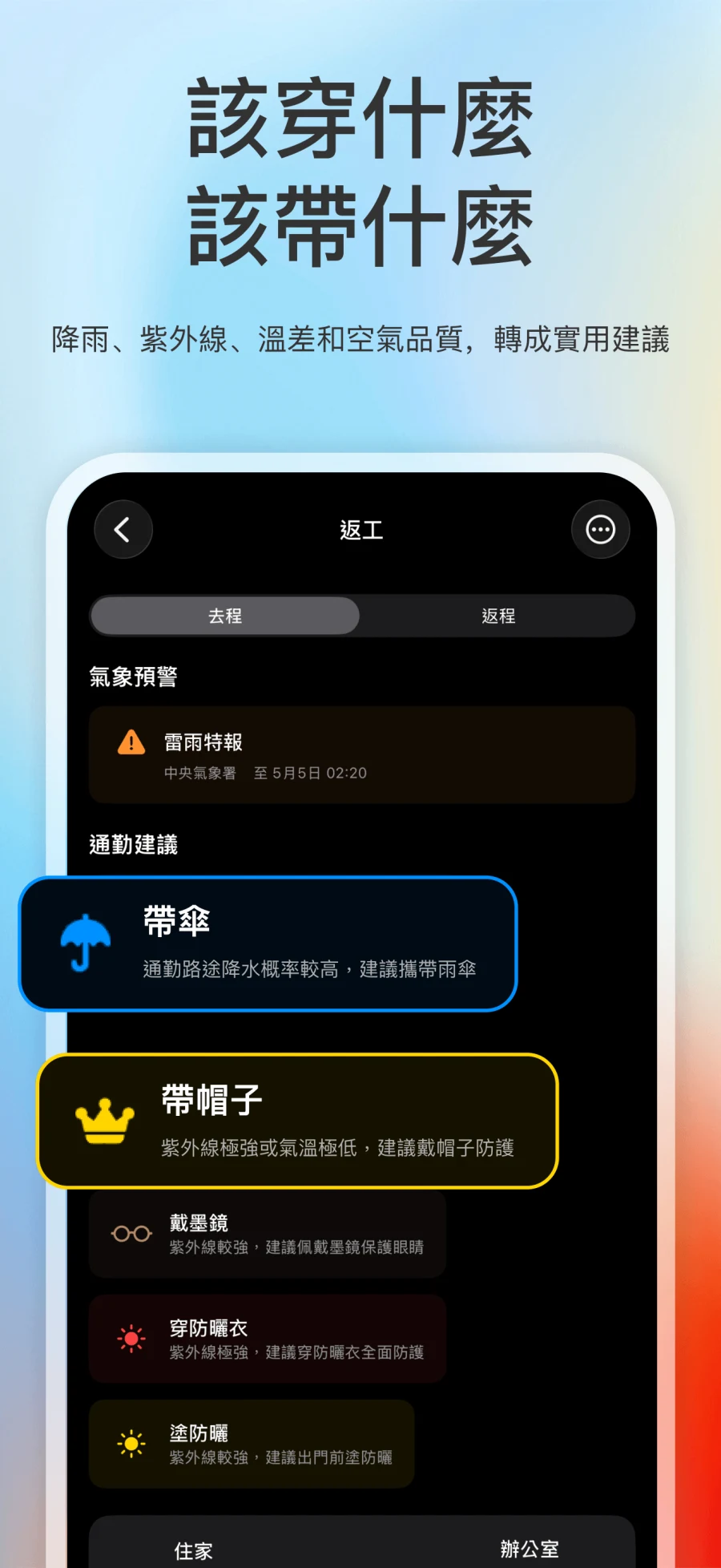 App Store 截圖展示氣象預警、通勤建議和天氣對比