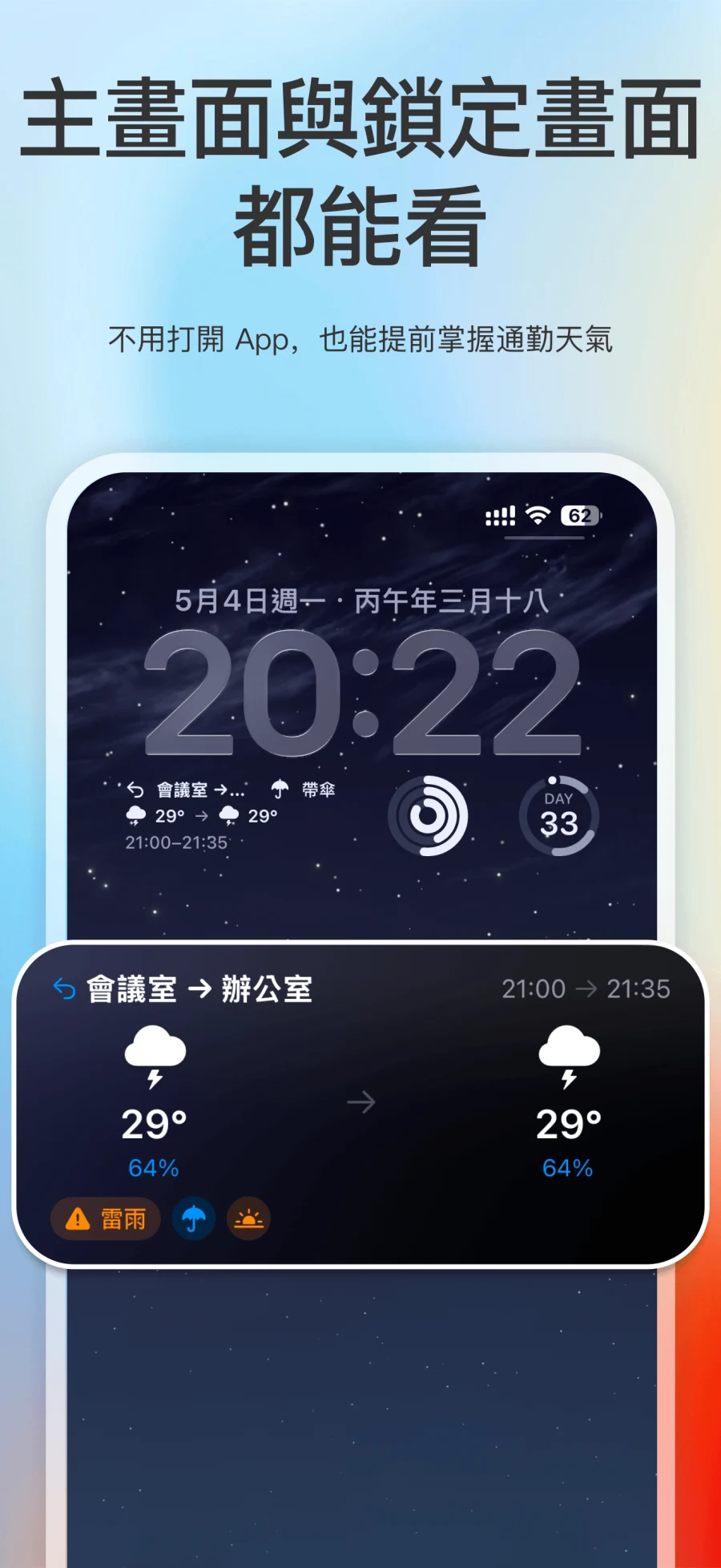 App Store 截圖展示打工人天氣主畫面小工具和鎖定畫面小工具